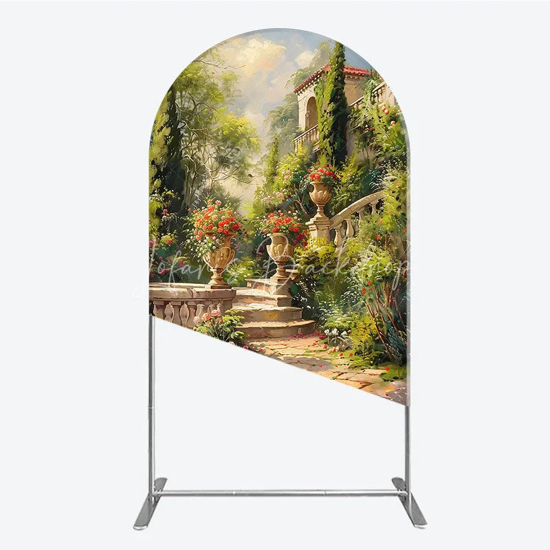 Lofaris Vibrant Garden Classical Architecture Round Top Arch Backdrop Stone Staircase and Floral Urns Decor