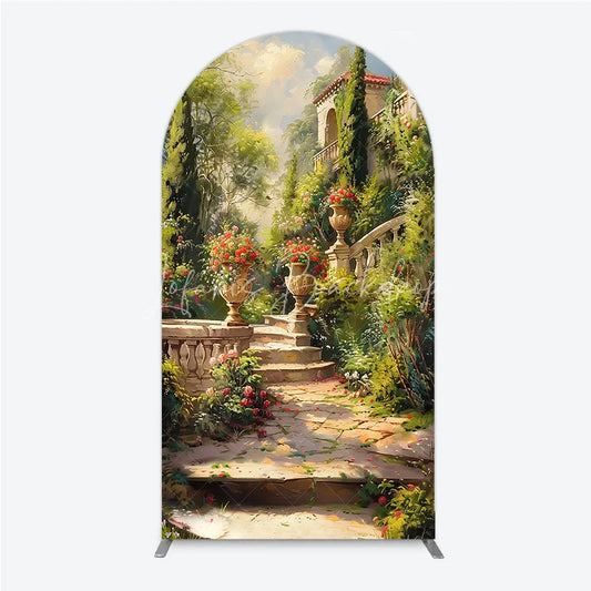 Lofaris Vibrant Garden Classical Architecture Round Top Arch Backdrop Stone Staircase and Floral Urns Decor