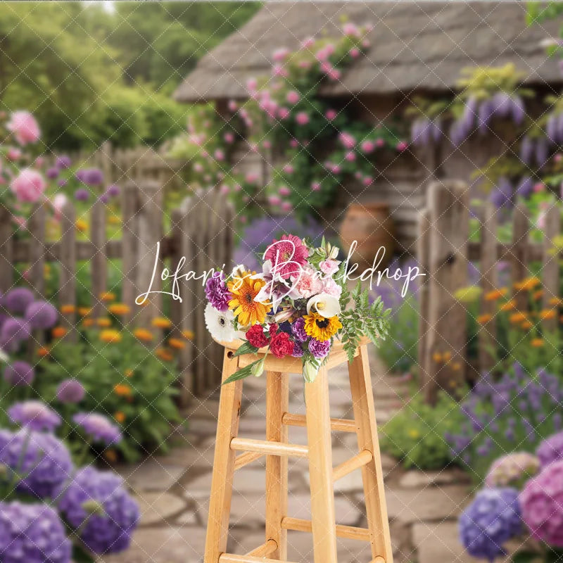 Lofaris Vibrant Garden Photography Backdrop with Rustic Wooden Fence Stone Path Blooming Roses and Purple Lavender