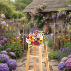Lofaris Vibrant Garden Photography Backdrop with Rustic Wooden Fence Stone Path Blooming Roses and Purple Lavender