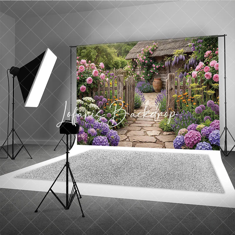 Lofaris Vibrant Garden Photography Backdrop with Rustic Wooden Fence Stone Path Blooming Roses and Purple Lavender
