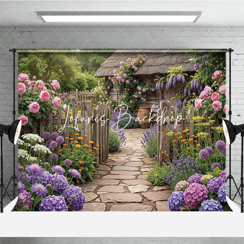 Lofaris Vibrant Garden Photography Backdrop with Rustic Wooden Fence Stone Path Blooming Roses and Purple Lavender