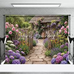 Lofaris Vibrant Garden Photography Backdrop with Rustic Wooden Fence Stone Path Blooming Roses and Purple Lavender