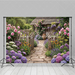 Lofaris Vibrant Garden Photography Backdrop with Rustic Wooden Fence Stone Path Blooming Roses and Purple Lavender
