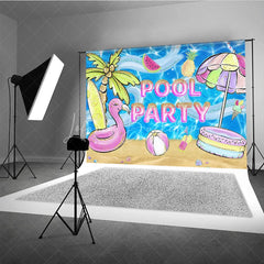 Lofaris Vibrant Glitter Pool Party Flamingo Palm Tree Photography Backdrop Summer Beach Celebration Decor