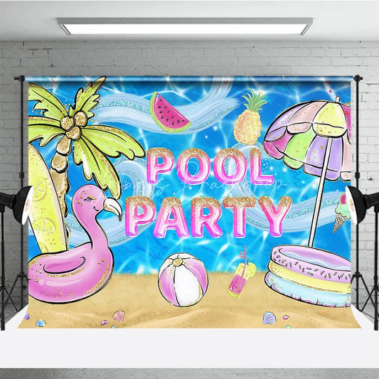 Lofaris Vibrant Glitter Pool Party Flamingo Palm Tree Photography Backdrop Summer Beach Celebration Decor