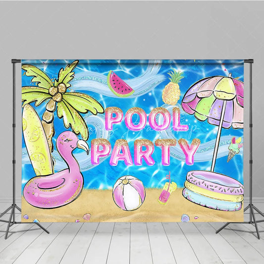 Lofaris Vibrant Glitter Pool Party Flamingo Palm Tree Photography Backdrop Summer Beach Celebration Decor