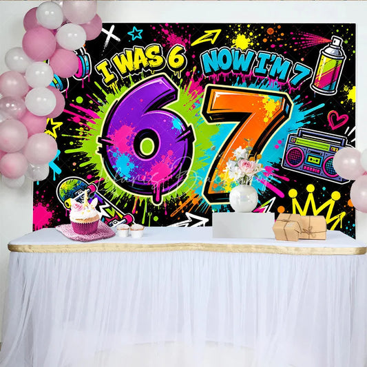 Lofaris Vibrant Graffiti Neon I Was 6 Now I’m 7 Birthday Backdrop Colorful Skateboard Boombox Headphones Party Decor.