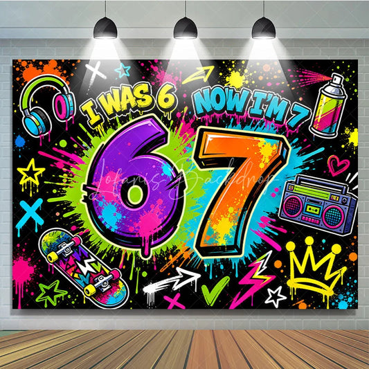Lofaris Vibrant Graffiti Neon I Was 6 Now I’m 7 Birthday Backdrop Colorful Skateboard Boombox Headphones Party Decor.