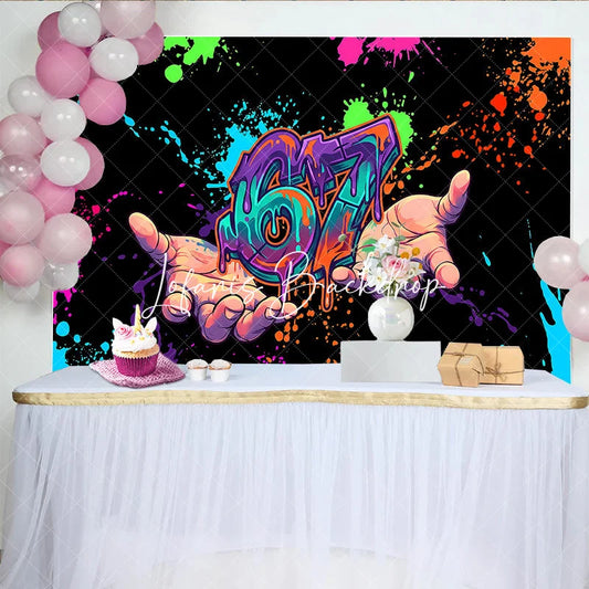 Lofaris Vibrant Graffiti Style Neon Paint Splatter 67th Birthday Backdrop with Hands Energetic Party Decor