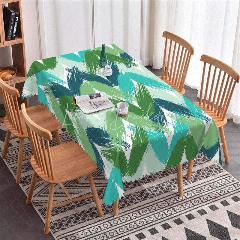 Lofaris Vibrant Green and Teal Brush Stroke Chevron Pattern Rectangle Tablecloth Modern Artistic Party Decor