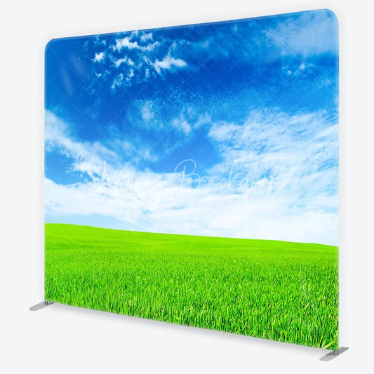 Lofaris Vibrant Green Field and Blue Sky with White Clouds Square Double-Sided Backdrop Natural Outdoor Landscape