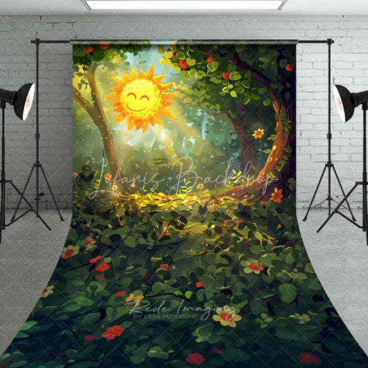 Lofaris Vibrant Green Forest Sweep Backdrop featuring a Smiling Sun and Dappled Light ideal for Spring Photography