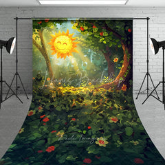 Lofaris Vibrant Green Forest Sweep Backdrop featuring a Smiling Sun and Dappled Light ideal for Spring Photography