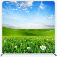 Lofaris Vibrant Green Meadow with White Daisies Square Double-Sided Backdrop Spring Outdoor Party Decor