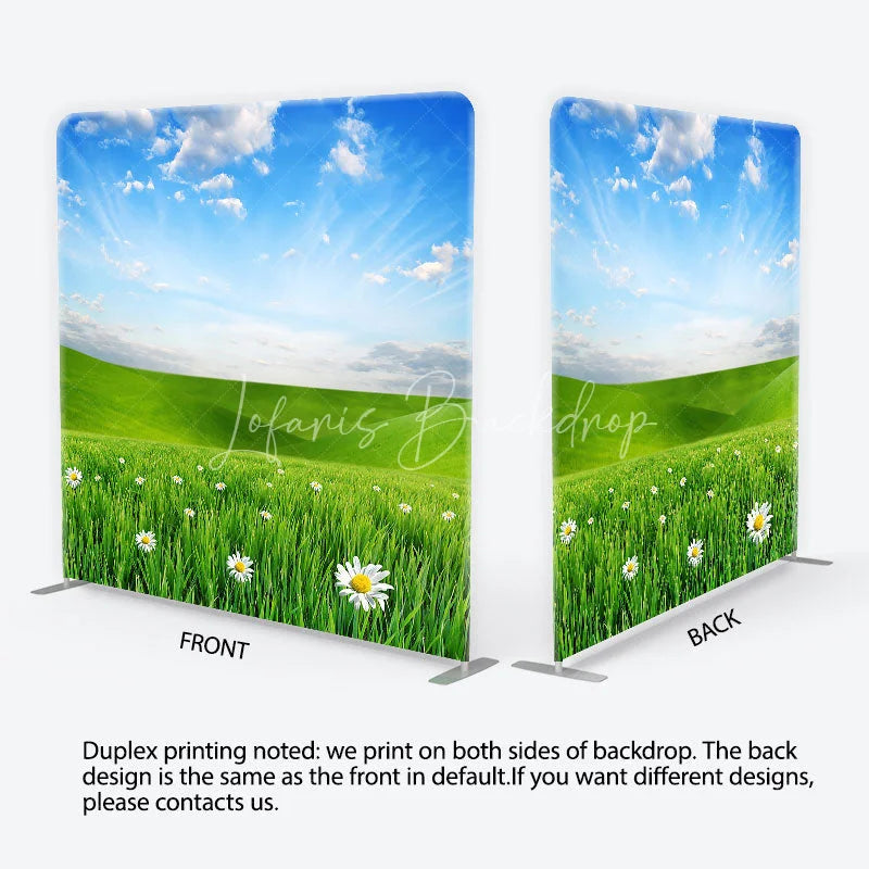 Lofaris Vibrant Green Meadow with White Daisies Square Double-Sided Backdrop Spring Outdoor Party Decor