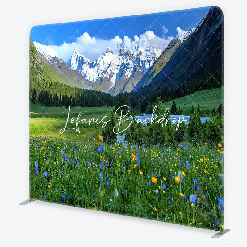 Lofaris Vibrant Green Meadow with Wildflowers and Snow-Capped Mountains Square Double-Sided Backdrop Scenic Nature View