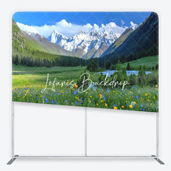 Lofaris Vibrant Green Meadow with Wildflowers and Snow-Capped Mountains Square Double-Sided Backdrop Scenic Nature View