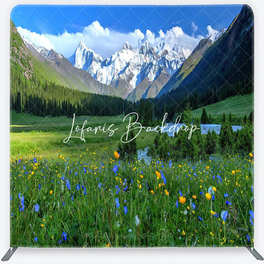 Lofaris Vibrant Green Meadow with Wildflowers and Snow-Capped Mountains Square Double-Sided Backdrop Scenic Nature View