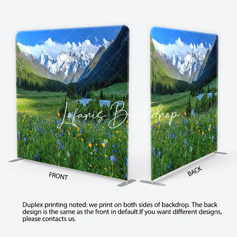 Lofaris Vibrant Green Meadow with Wildflowers and Snow-Capped Mountains Square Double-Sided Backdrop Scenic Nature View