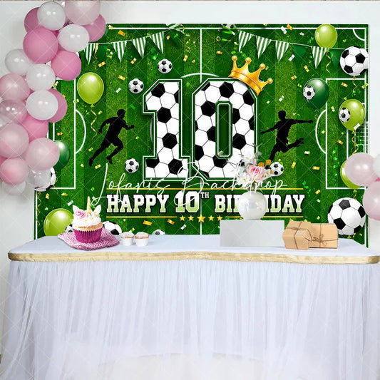 Lofaris Vibrant Green Soccer Field 10th Birthday Backdrop with Footballs and Balloons Golden Crown Sports Party Decor