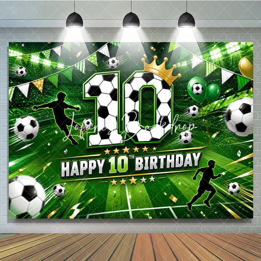 Lofaris Vibrant Green Soccer Field Happy 10th Birthday Backdrop with Players Balls and Golden Crown Sporty Party Decor