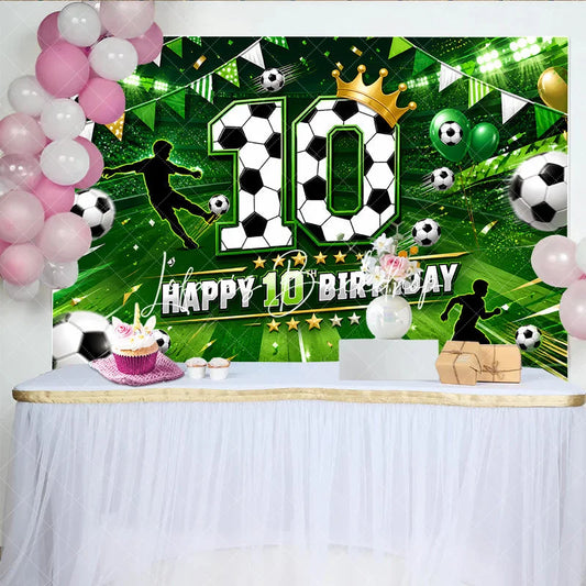 Lofaris Vibrant Green Soccer Field Happy 10th Birthday Backdrop with Players Balls and Golden Crown Sporty Party Decor