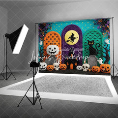 Lofaris Vibrant Halloween Archways Photography Backdrop Witch on Moon Black Cat Pumpkins and Ghosts Spooky Party Decor