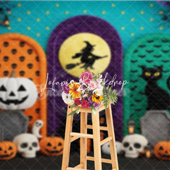 Lofaris Vibrant Halloween Archways Photography Backdrop Witch on Moon Black Cat Pumpkins and Ghosts Spooky Party Decor