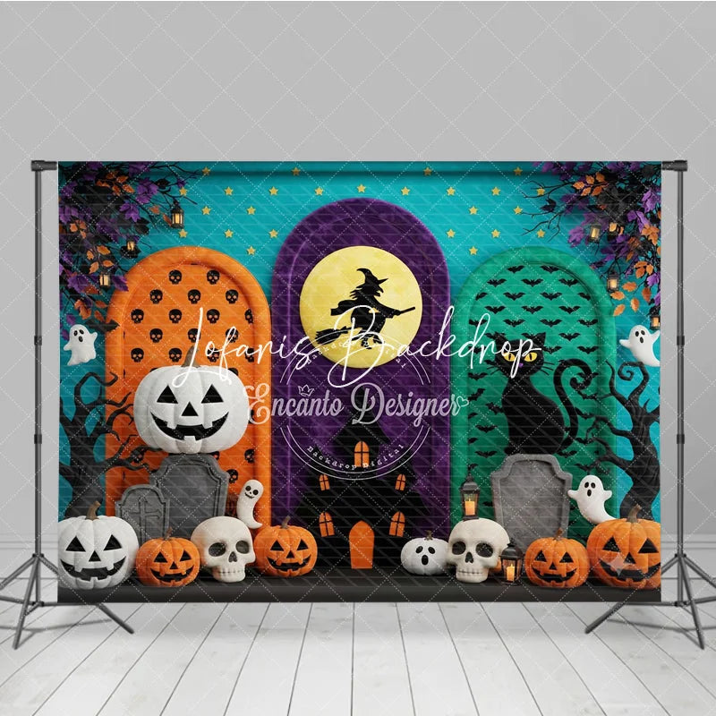 Lofaris Vibrant Halloween Archways Photography Backdrop Witch on Moon Black Cat Pumpkins and Ghosts Spooky Party Decor