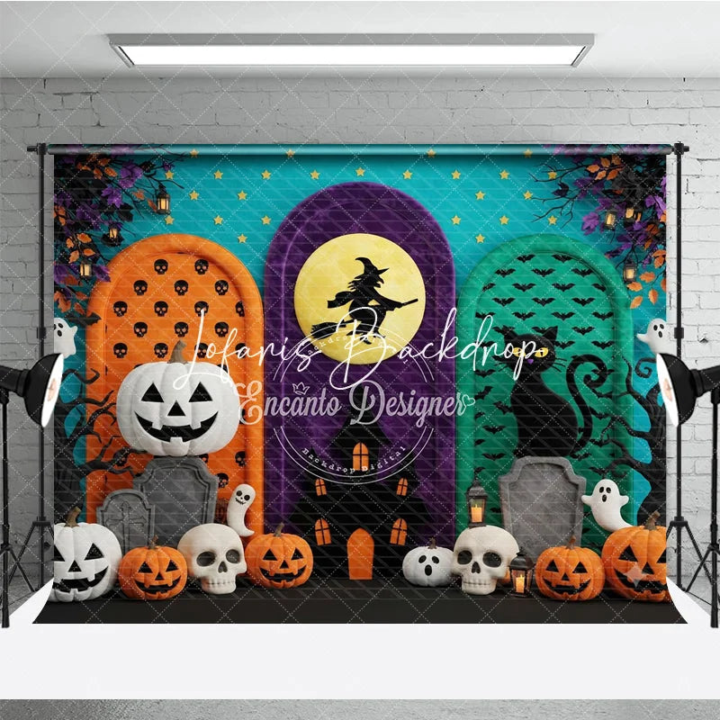 Lofaris Vibrant Halloween Archways Photography Backdrop Witch on Moon Black Cat Pumpkins and Ghosts Spooky Party Decor