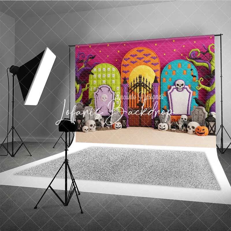 Lofaris Vibrant Halloween Graveyard Photography Backdrop featuring Skulls Jack-o-Lanterns and Twisted Trees for Spooky Party