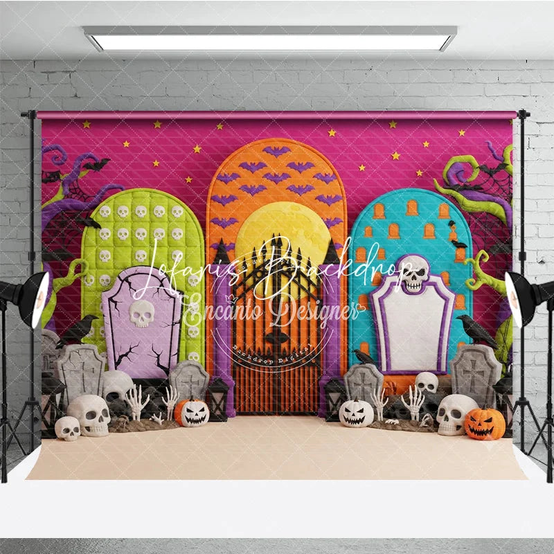 Lofaris Vibrant Halloween Graveyard Photography Backdrop featuring Skulls Jack-o-Lanterns and Twisted Trees for Spooky Party