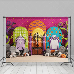 Lofaris Vibrant Halloween Graveyard Photography Backdrop featuring Skulls Jack-o-Lanterns and Twisted Trees for Spooky Party