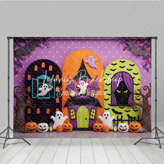 Lofaris Vibrant Halloween Haunted House Photography Backdrop with Spooky Ghosts Pumpkins and Bats for Kids Party Celebration