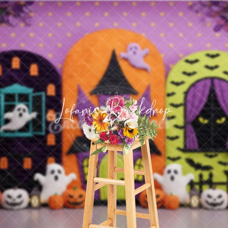 Lofaris Vibrant Halloween Haunted House Photography Backdrop with Spooky Ghosts Pumpkins and Bats for Kids Party Celebration