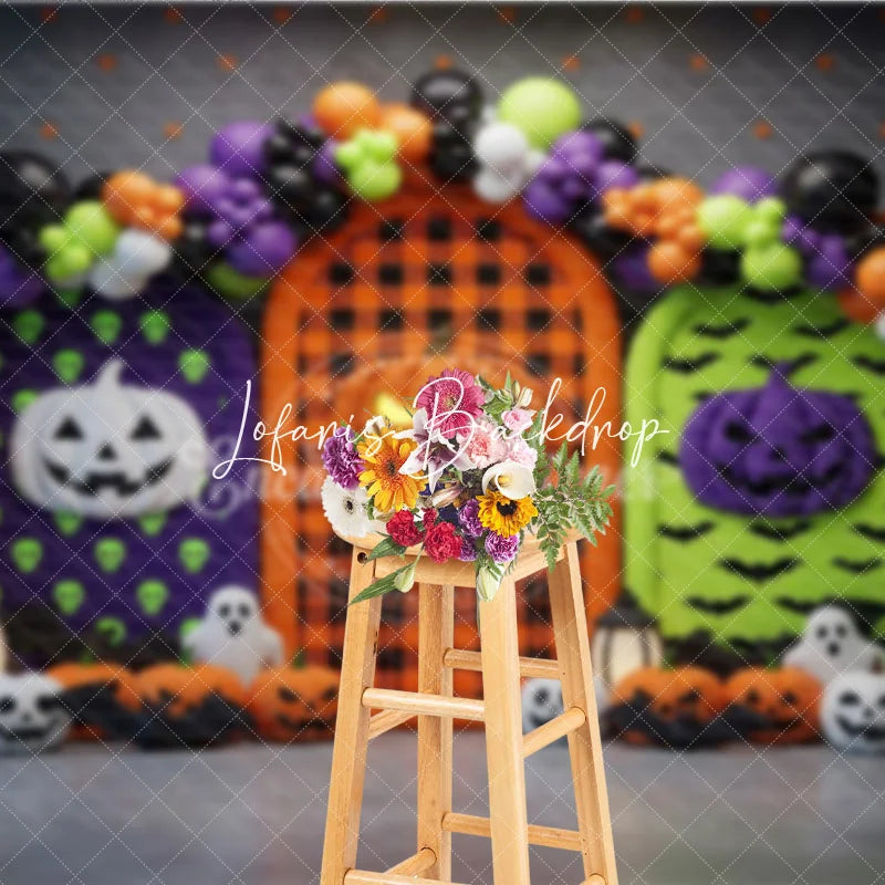 Lofaris Vibrant Halloween Photography Backdrop with Pumpkins Ghosts and Balloon Arch for Spooky Celebrations