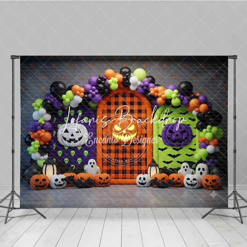 Lofaris Vibrant Halloween Photography Backdrop with Pumpkins Ghosts and Balloon Arch for Spooky Celebrations