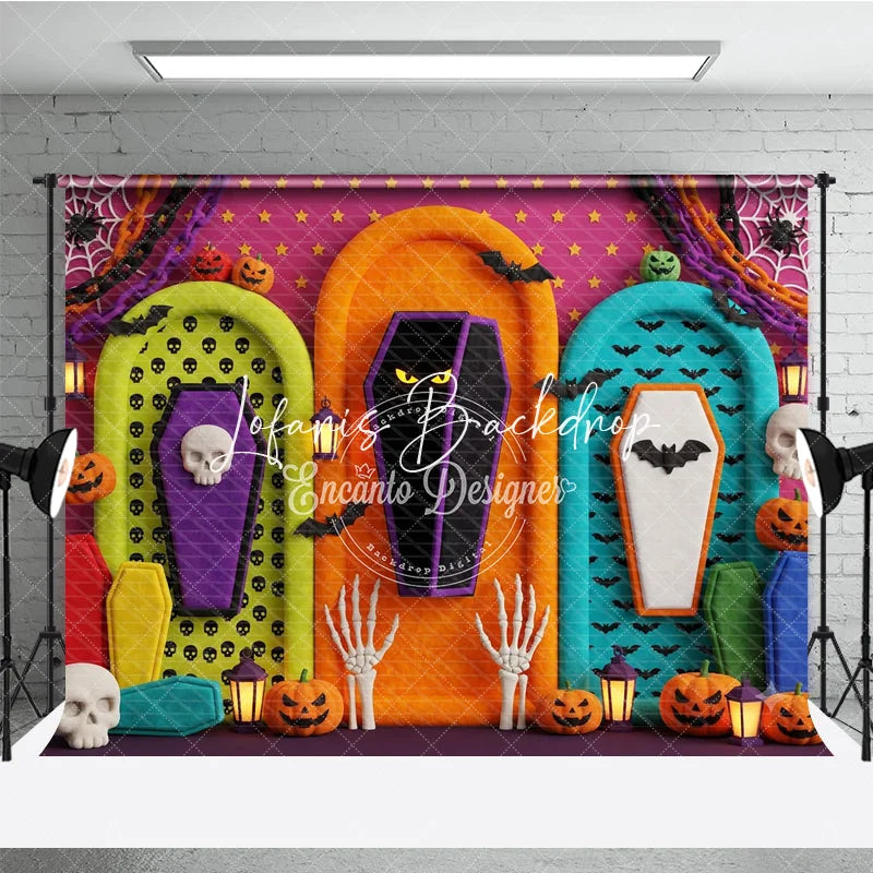 Lofaris Vibrant Halloween Spooky Coffin and Pumpkin Photography Backdrop with Bats Skulls Festive Party Decor