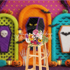 Lofaris Vibrant Halloween Spooky Coffin and Pumpkin Photography Backdrop with Bats Skulls Festive Party Decor