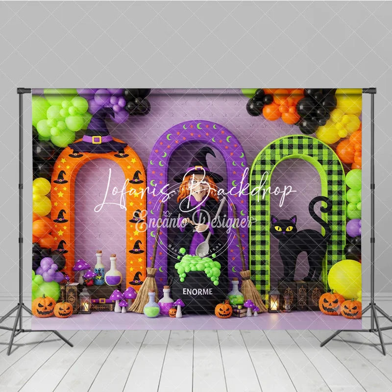 Lofaris Vibrant Halloween Witch and Black Cat Arches Photography Backdrop Spooky Party Decor with Pumpkins Balloons