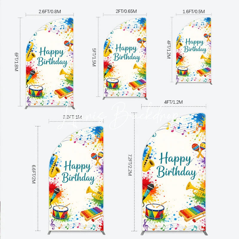Lofaris Vibrant Happy Birthday Musical Instruments Half Moon Arch Backdrop Colorful Paint Splatter Party Decor