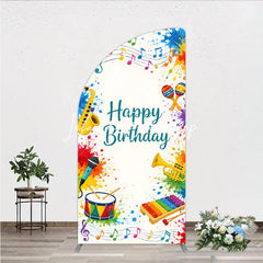 Lofaris Vibrant Happy Birthday Musical Instruments Half Moon Arch Backdrop Colorful Paint Splatter Party Decor