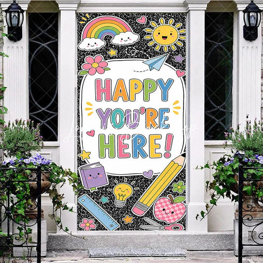 Lofaris Vibrant Happy You’re Here School Welcome Door Cover with Rainbow and Classroom Elements Back to Decor