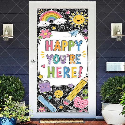 Lofaris Vibrant Happy You’re Here School Welcome Door Cover with Rainbow and Classroom Elements Back to Decor