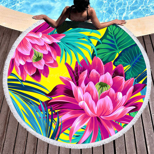 Lofaris Vibrant Hawaiian Style Flowers Round Beach Towel