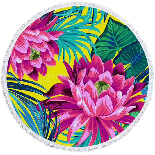 Lofaris Vibrant Hawaiian Style Flowers Round Beach Towel