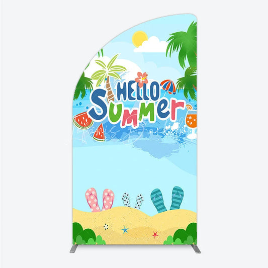 Lofaris Vibrant Hello Summer Beach Half Moon Arch Backdrop Tropical Palm Trees and Flip Flops Party Decor