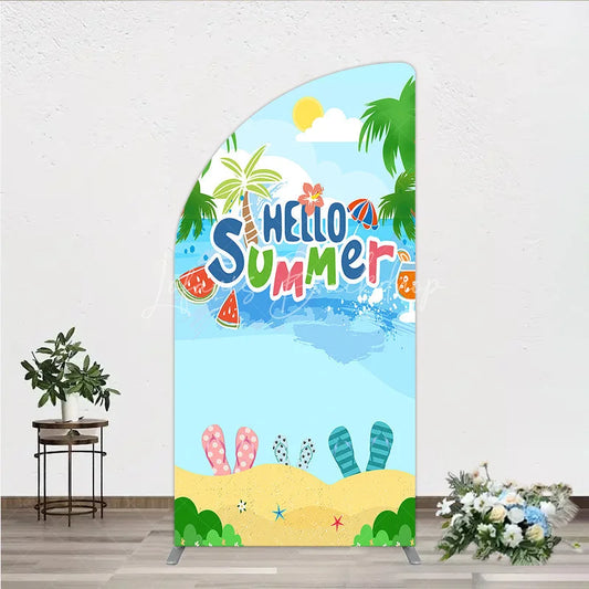Lofaris Vibrant Hello Summer Beach Half Moon Arch Backdrop Tropical Palm Trees and Flip Flops Party Decor