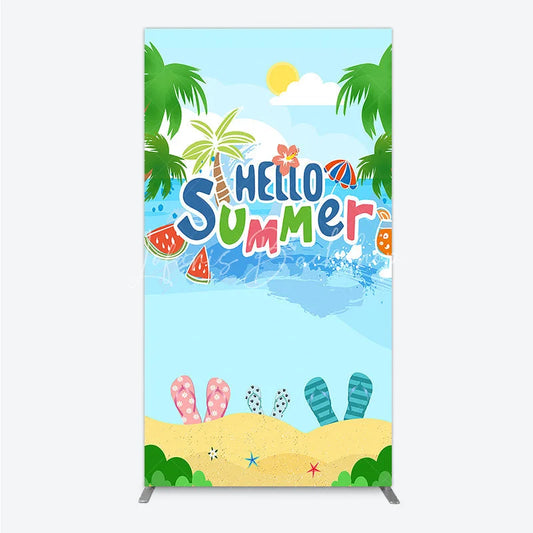 Lofaris Vibrant Hello Summer Beach Rectangle Arch Backdrop Tropical Palm Trees and Flip-Flops Decor
